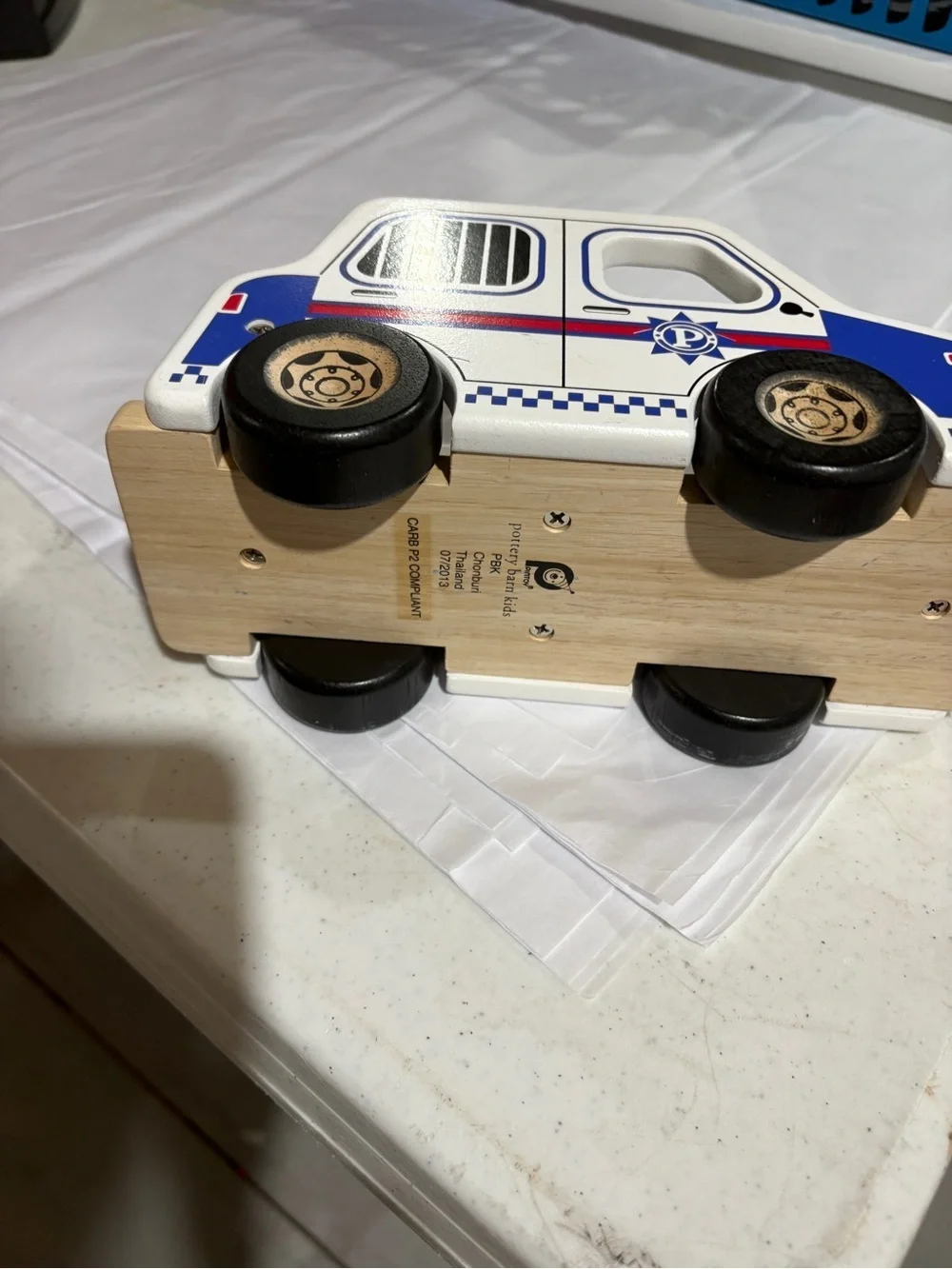 Pottery Barn Wooden Blue and White Police Toy Van for Kids